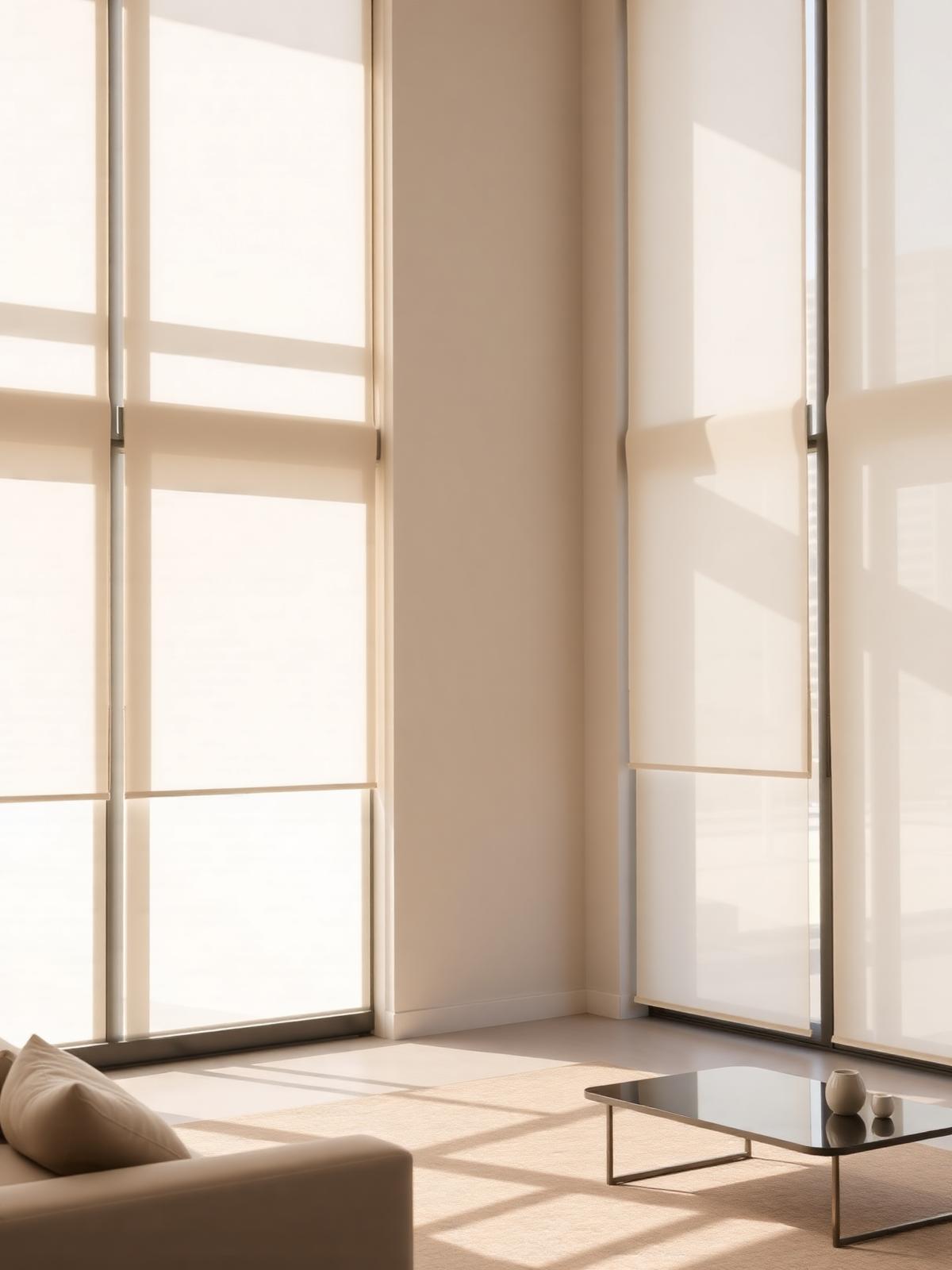 Sunlit modern living room with sheer motorized shades